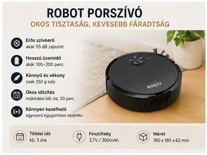 USB Robot Porszívó 3 az 1-ben – Seprés, Feltörlés, 1500Pa Szívóerő