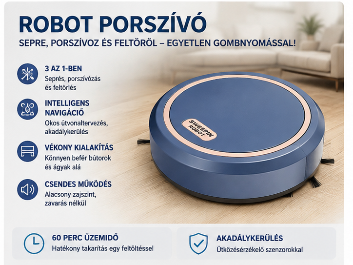 2026 Okos Seprőrobot – Csendes, 3 az 1-ben, Nedves/Száraz Takarítás