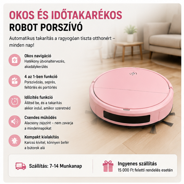 3 az 1-ben Robot Porszívó – USB Töltés, Seprés, Feltörlés, Otthonra és Irodába