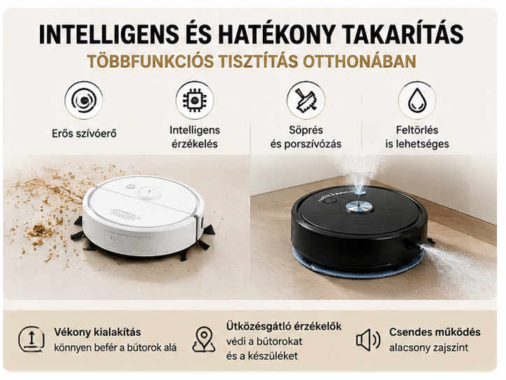 Mini Robot Porszívó 3 az 1-ben – Intelligens Seprő, Feltörlő, Szőnyeghez is