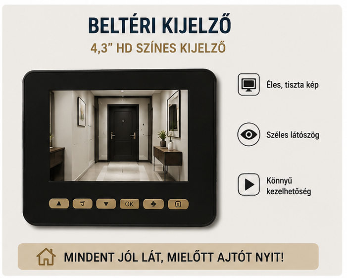 4,3 hüvelykes digitális kukucskáló kamera 140° látószöggel