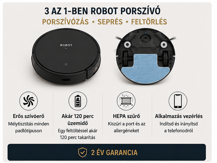 3 az 1-ben Okos Robot Porszívó – Seprés, Feltörlés, USB Töltés