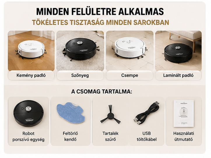 Mini Robot Porszívó 3 az 1-ben – Intelligens Seprő, Feltörlő, Szőnyeghez is
