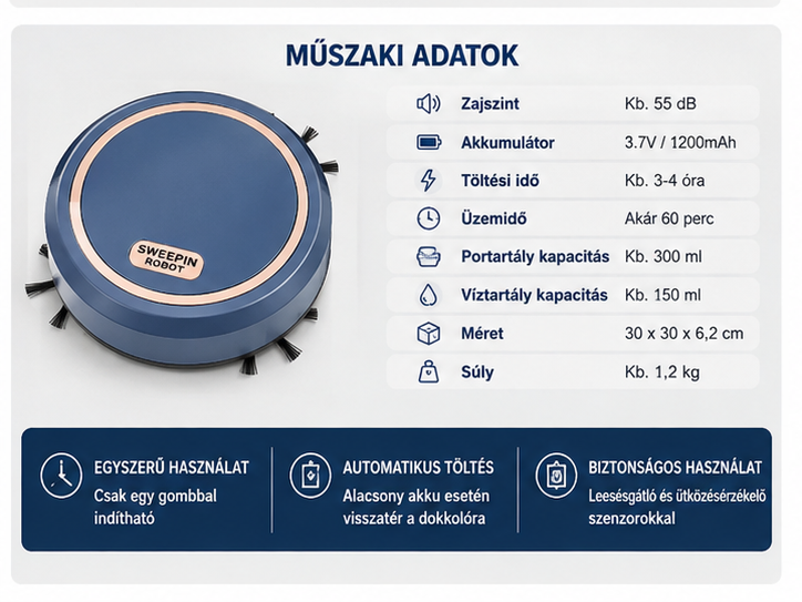 2026 Okos Seprőrobot – Csendes, 3 az 1-ben, Nedves/Száraz Takarítás