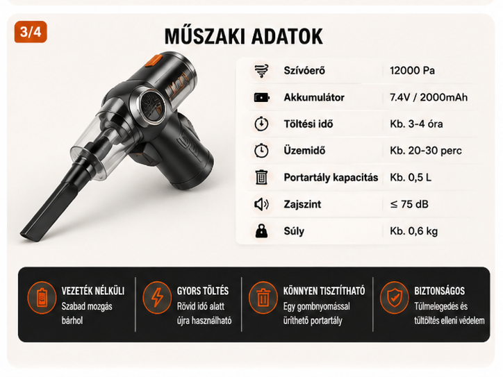 Autós Porszívó Vezeték Nélküli – Nagy Szívóerő, Egy Gombos Porürítés, Mini Kézi