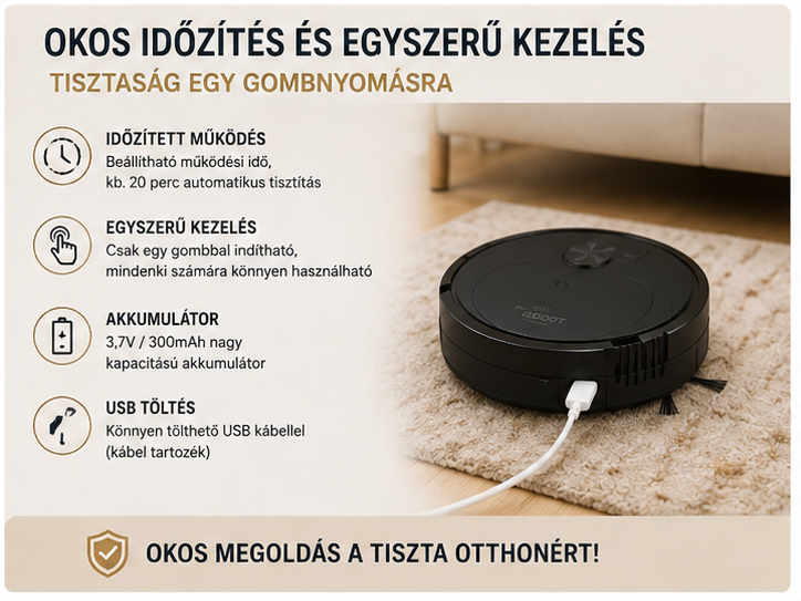 USB Robot Porszívó 3 az 1-ben – Seprés, Feltörlés, 1500Pa Szívóerő