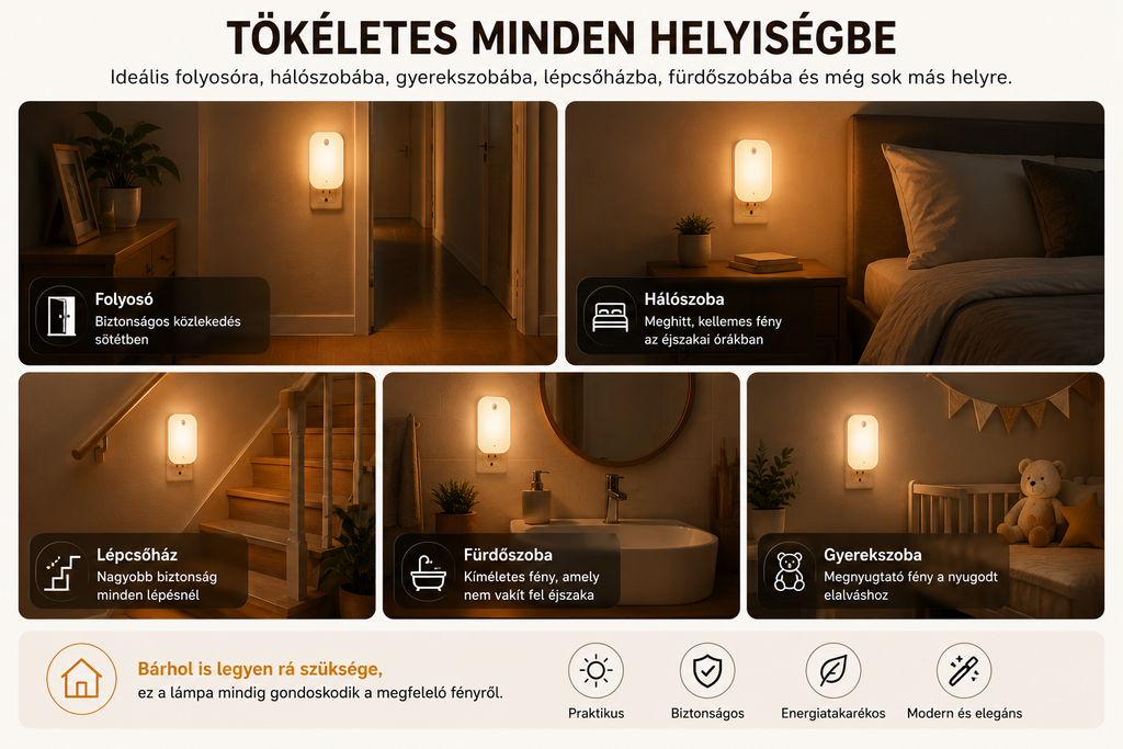 Okos mozgásérzékelős éjszakai lámpa – 220V/110V, 3 fényszín, falra szerelhető