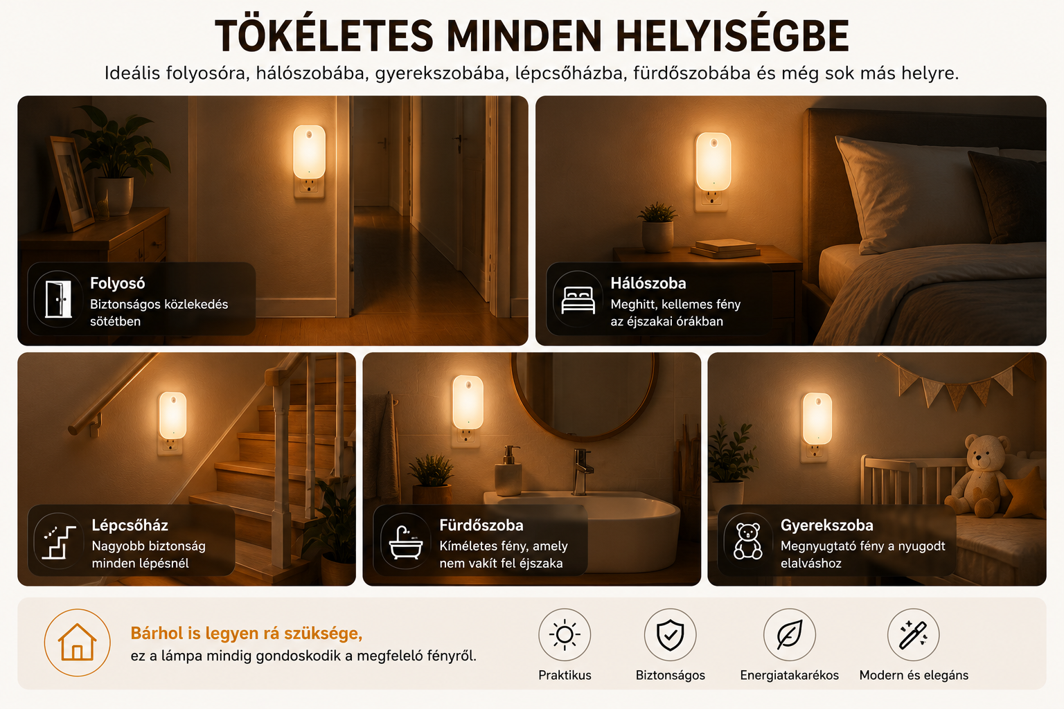 Okos mozgásérzékelős éjszakai lámpa – 220V/110V, 3 fényszín, falra szerelhető
