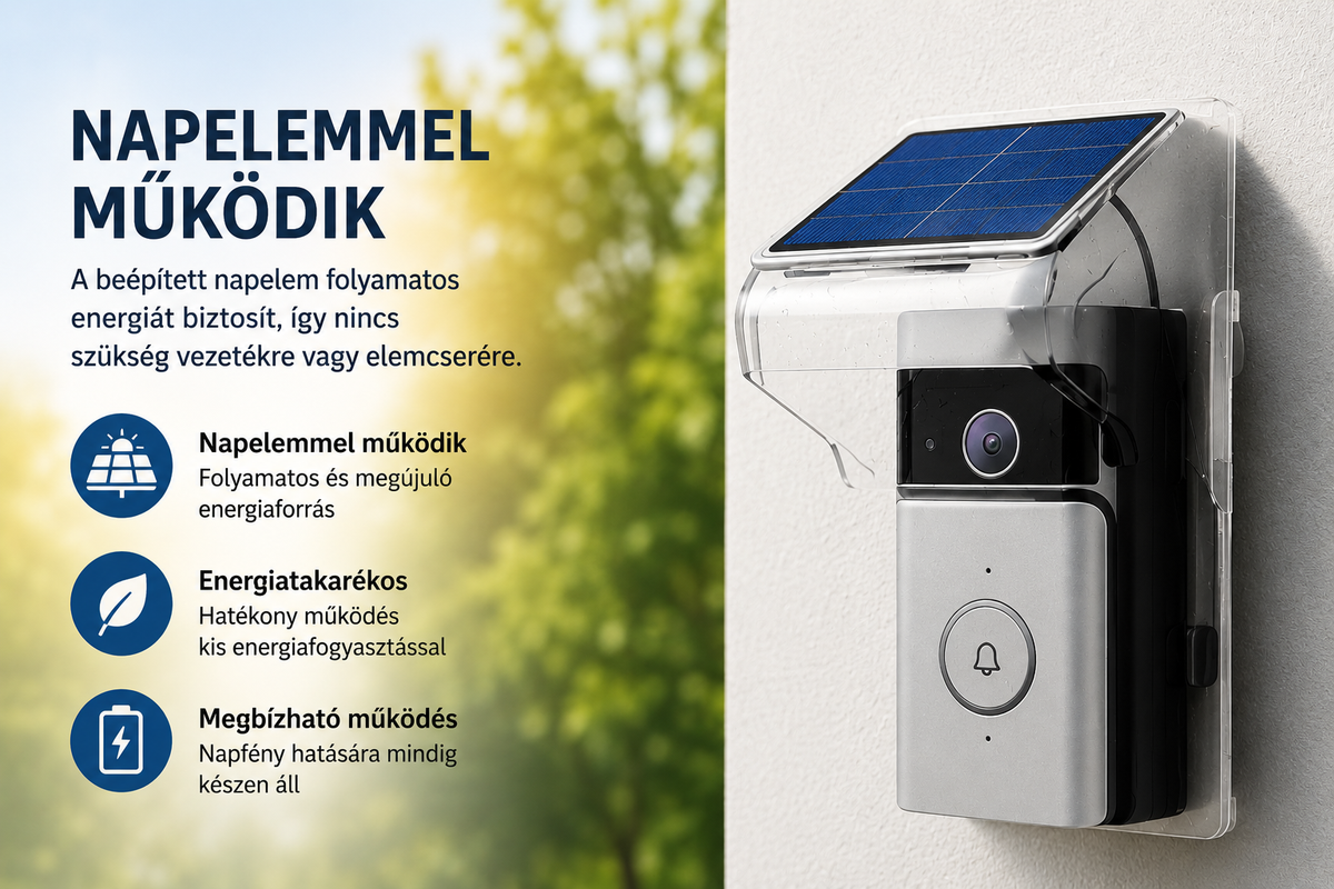 🔔 Okos WiFi videó kapucsengő napelemes töltéssel – HD kamera, éjjellátó, mozgásérzékelő