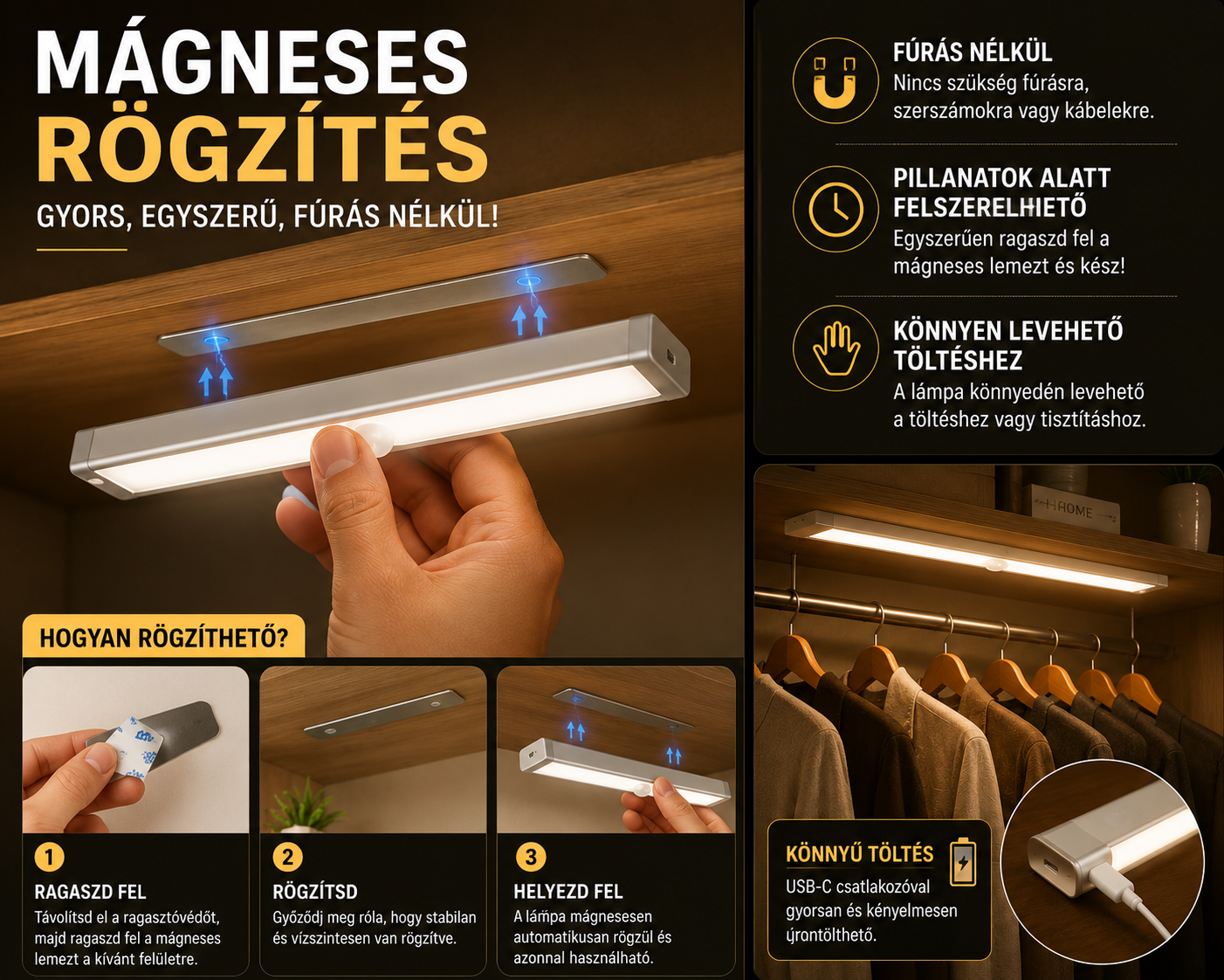 Mozgásérzékelős LED szalagfény – USB tölthető, mágneses, 10–60 cm