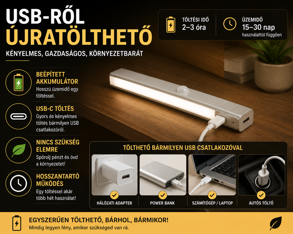 Mozgásérzékelős LED szalagfény – USB tölthető, mágneses, 10–60 cm
