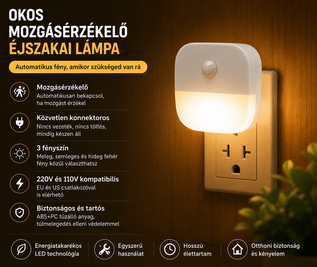 Mozgásérzékelős LED éjszakai fények EU csatlakozóval