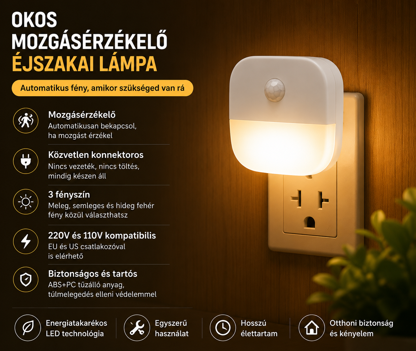Mozgásérzékelős LED éjszakai fények EU csatlakozóval