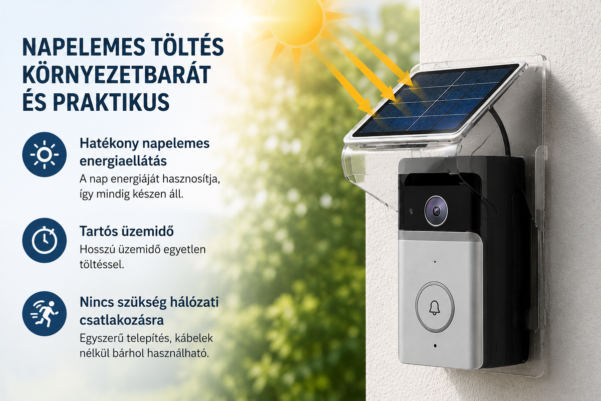 🔔 Okos WiFi videó kapucsengő napelemes töltéssel – HD kamera, éjjellátó, mozgásérzékelő