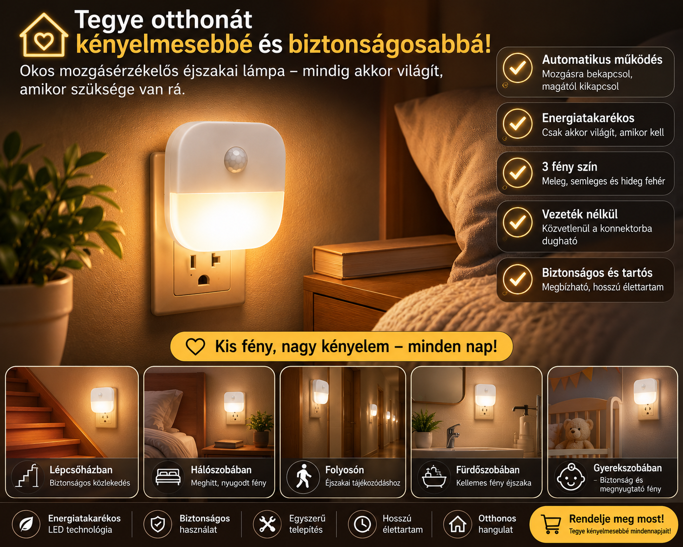 Mozgásérzékelős LED éjszakai fények EU csatlakozóval