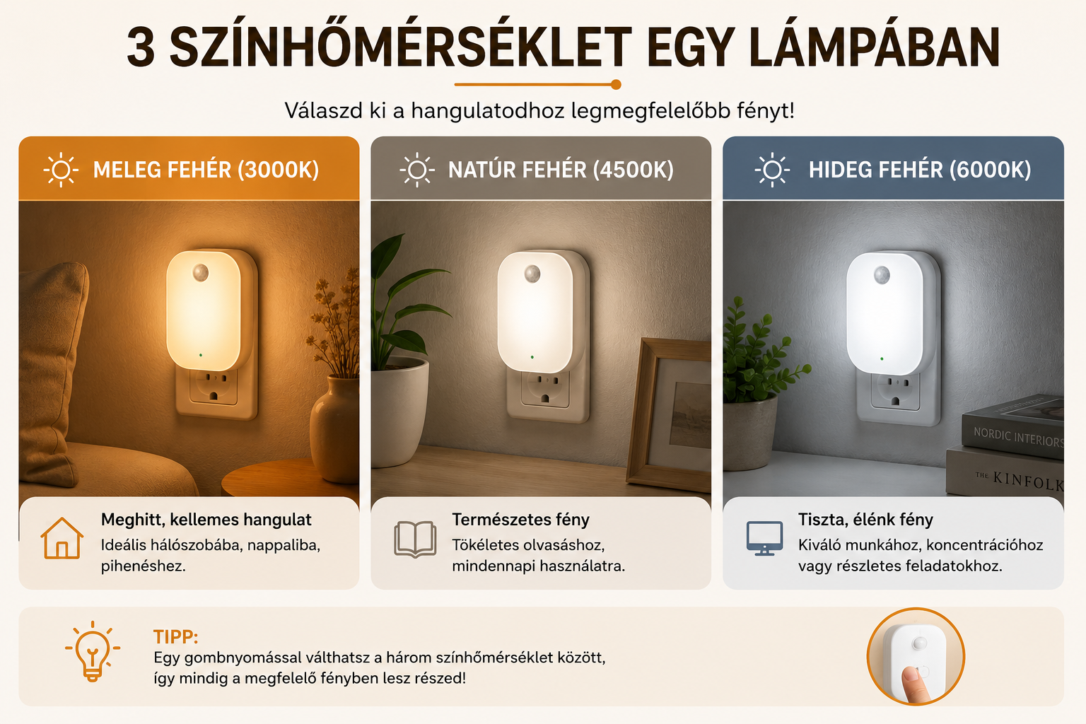 Okos mozgásérzékelős éjszakai lámpa – 220V/110V, 3 fényszín, falra szerelhető