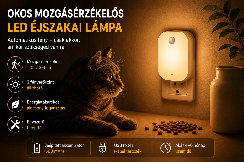 Okos mozgásérzékelős éjszakai lámpa – 220V/110V, 3 fényszín, falra szerelhető