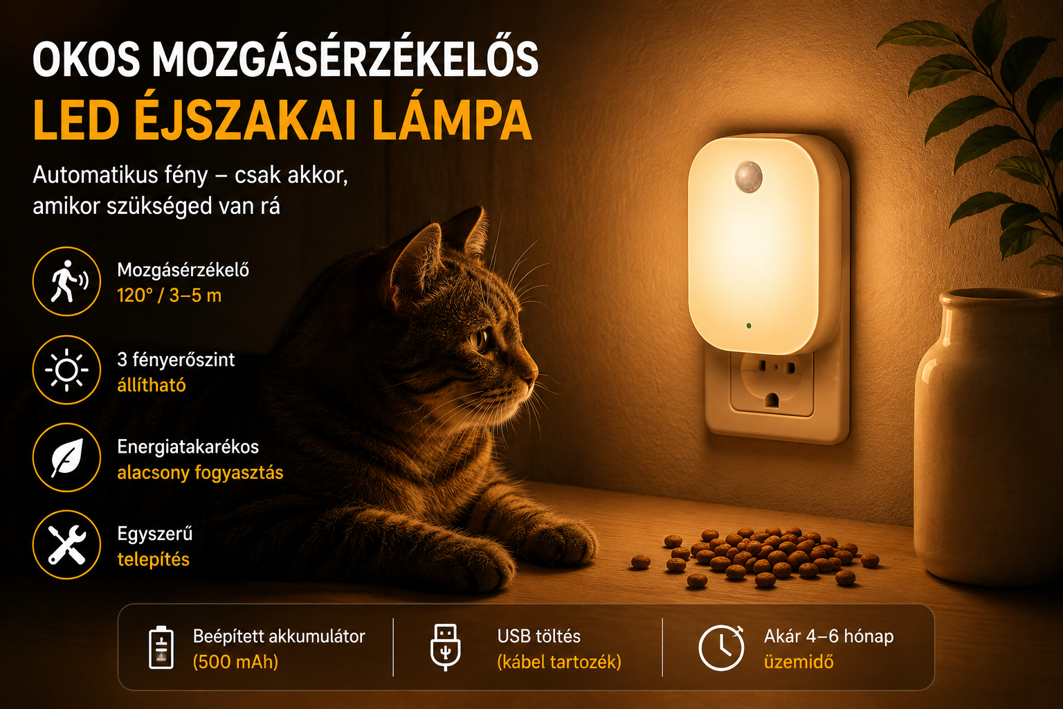 Okos mozgásérzékelős éjszakai lámpa – 220V/110V, 3 fényszín, falra szerelhető