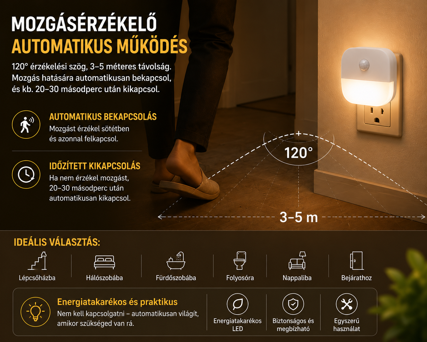 Mozgásérzékelős LED éjszakai fények EU csatlakozóval